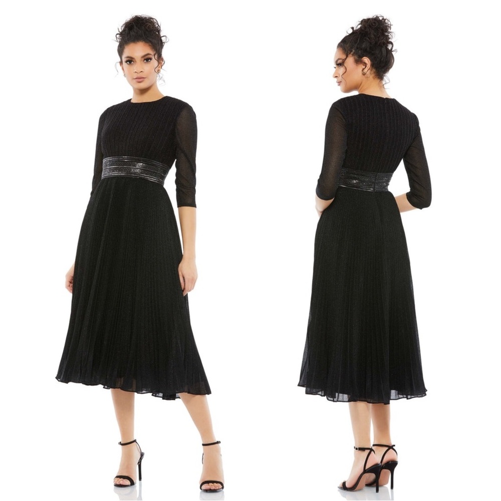 Mac Duggal 30750 Shimmering 3/4 Sleeve A-Line Midi Dress Size 8 NWT Black